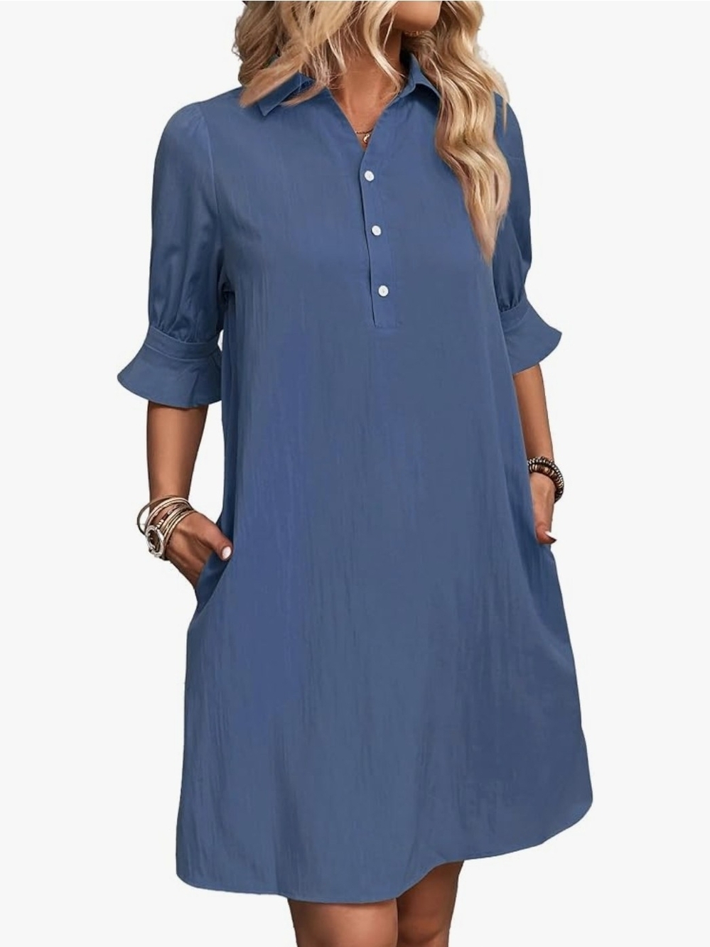 Relaxed Blue Collared Women's Tunic Dress